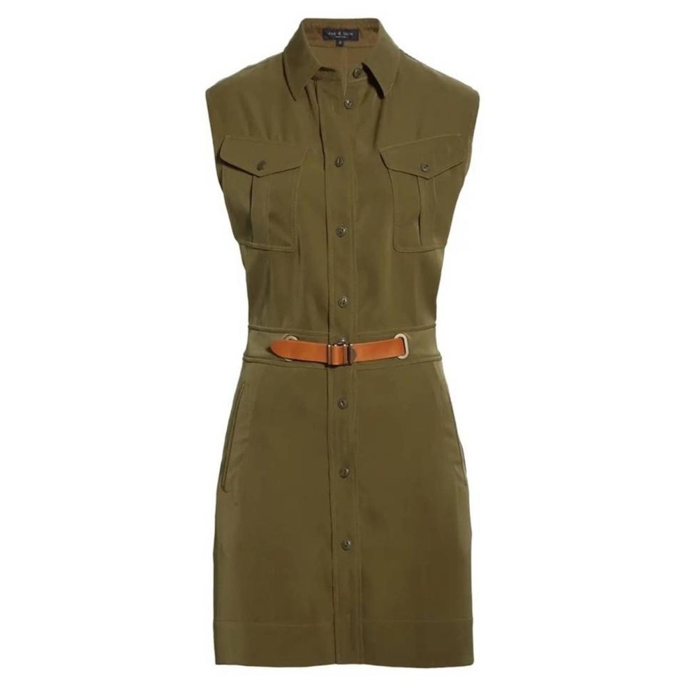 NWT Rag & Bone Green Caroline Crepe Military Belted Shirtdress